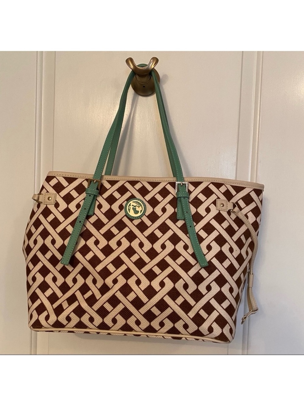SPARTINA 449 BAG TOTE BROWN CREAM PRINT LINEN 2 GREEN LEATHER STRAPS CLIP TOP